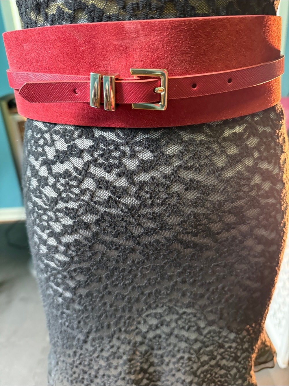 Red Suede Layered Waist Belt with Gold Buckle
